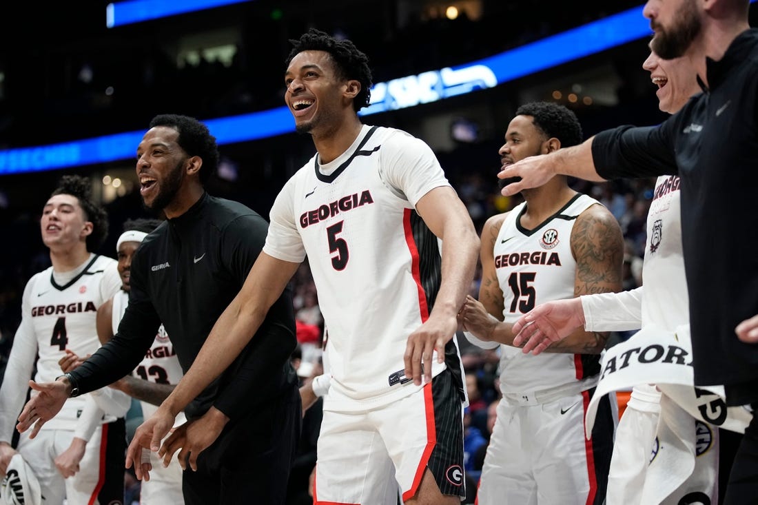 The Georgia bench celebrates a three point basket by Georgia guard Jabri Abdur-Rahim against LSU during the second half of a first round SEC Men   s Basketball Tournament game at Bridgestone Arena Wednesday, March 8, 2023, in Nashville, Tenn.

Sec Basketball Lsu Vs Georgia