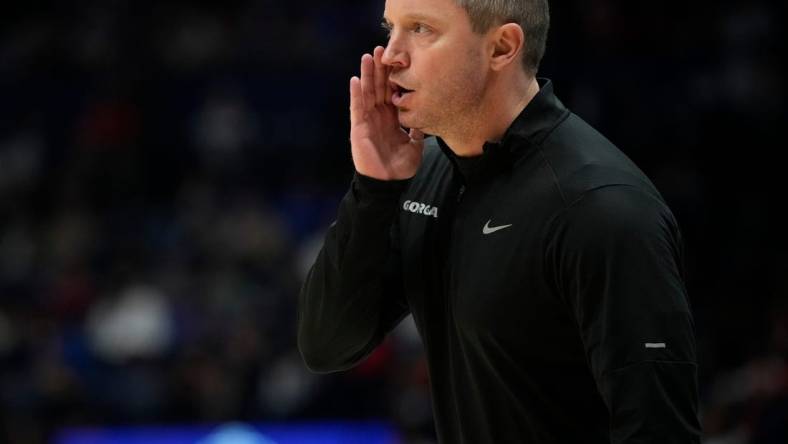 Georgia head coach Mike White yells at his team during the first half of a first round SEC Men   s Basketball Tournament game against LSU at Bridgestone Arena Wednesday, March 8, 2023, in Nashville, Tenn.

Sec Basketball Lsu Vs Georgia