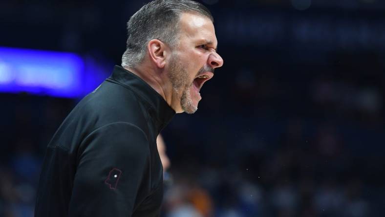 Mar 10, 2023; Nashville, TN, USA; Mississippi State Bulldogs head coach Chris Jans yells from the sideline during the first half against the Alabama Crimson Tide at Bridgestone Arena. Mandatory Credit: Christopher Hanewinckel-USA TODAY Sports