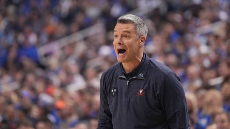 Mar 11, 2023; Greensboro, NC, USA;  Virginia Cavaliers head coach Tony Bennett reacts in the first half of the Championship of the ACC Tournament at Greensboro Coliseum. Mandatory Credit: Bob Donnan-USA TODAY Sports