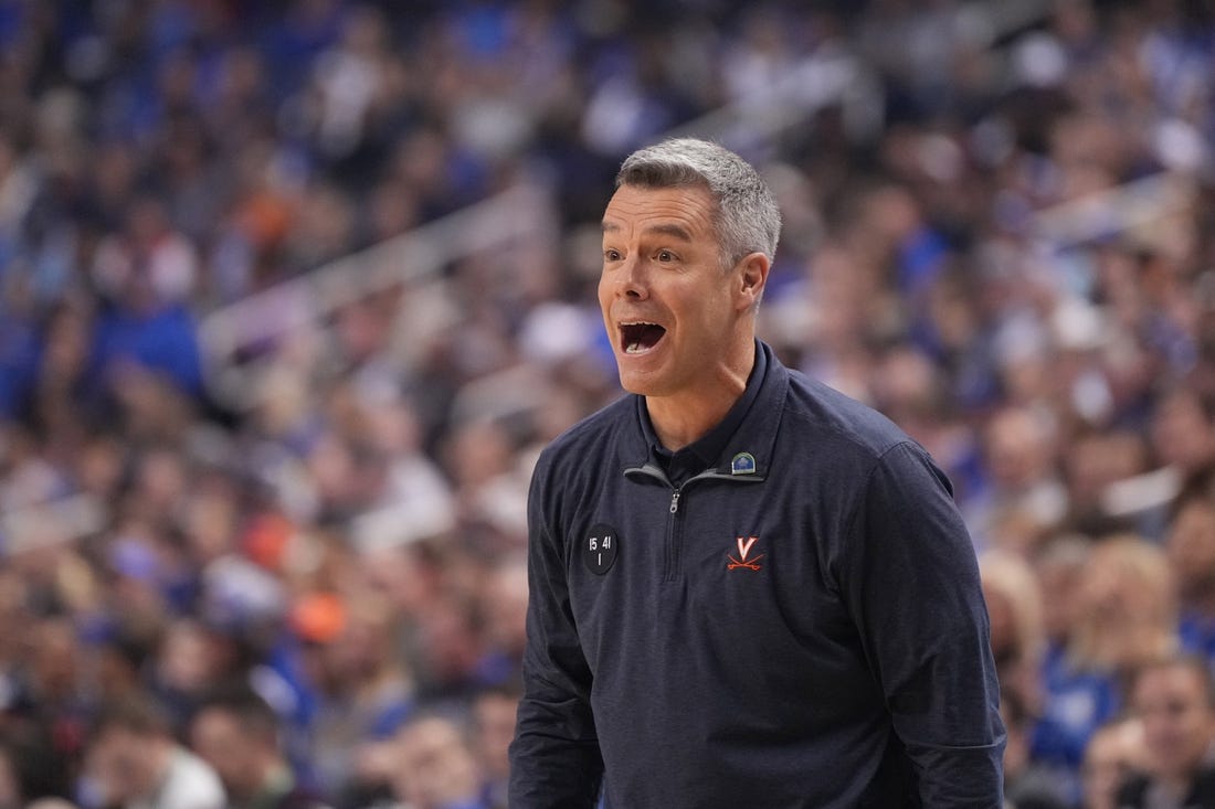 Mar 11, 2023; Greensboro, NC, USA;  Virginia Cavaliers head coach Tony Bennett reacts in the first half of the Championship of the ACC Tournament at Greensboro Coliseum. Mandatory Credit: Bob Donnan-USA TODAY Sports