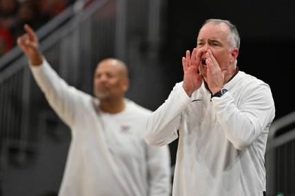 Feb 28, 2023; Louisville, Kentucky, USA;  Virginia Tech Hokies head coach Mike Young during the second half against the Louisville Cardinals at KFC Yum! Center. Virginia Tech defeated Louisville 71-54. Mandatory Credit: Jamie Rhodes-USA TODAY Sports