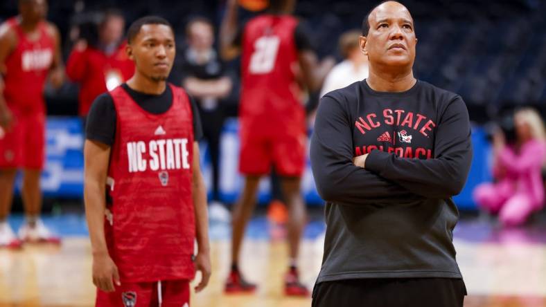 Mar 16, 2023; Denver, CO, USA; North Carolina State Wolfpack head coach Kevin Keatts watches practice before the first round of the NCAA Tournament at Ball Arena. Mandatory Credit: Michael Ciaglo-USA TODAY Sports