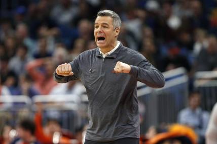 Mar 16, 2023; Orlando, FL, USA; Virginia Cavaliers head coach Tony Bennett reacts during the second half against the Furman Paladins at Amway Center. Mandatory Credit: Russell Lansford-USA TODAY Sports