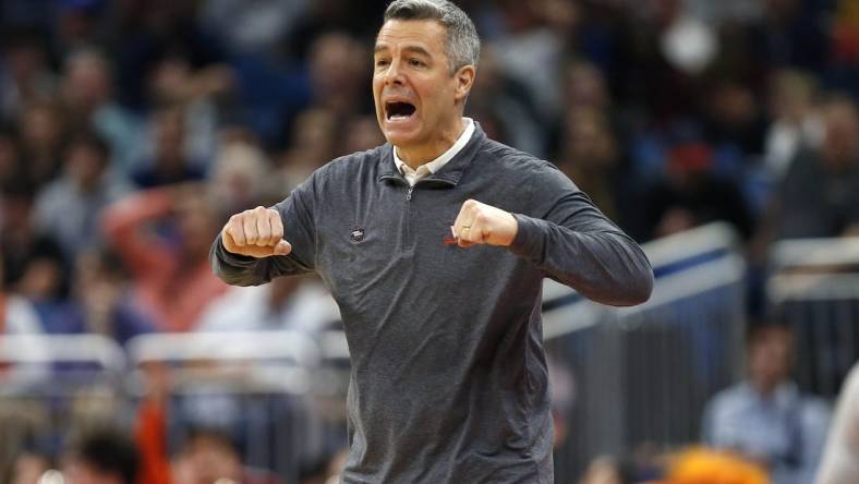 Mar 16, 2023; Orlando, FL, USA; Virginia Cavaliers head coach Tony Bennett reacts during the second half against the Furman Paladins at Amway Center. Mandatory Credit: Russell Lansford-USA TODAY Sports