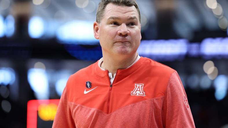 Mar 16, 2023; Sacramento, CA, USA; Arizona Wildcats head coach Tommy Lloyd reacts during the second half at Golden 1 Center. Mandatory Credit: Kelley L Cox-USA TODAY Sports