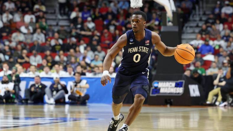 Mar 16, 2023; Des Moines, IA, USA; Penn State Nittany Lions guard Kanye Clary (0) dribbles the ball against the Texas A&M Aggies during the first half at Wells Fargo Arena. Mandatory Credit: Reese Strickland-USA TODAY Sports