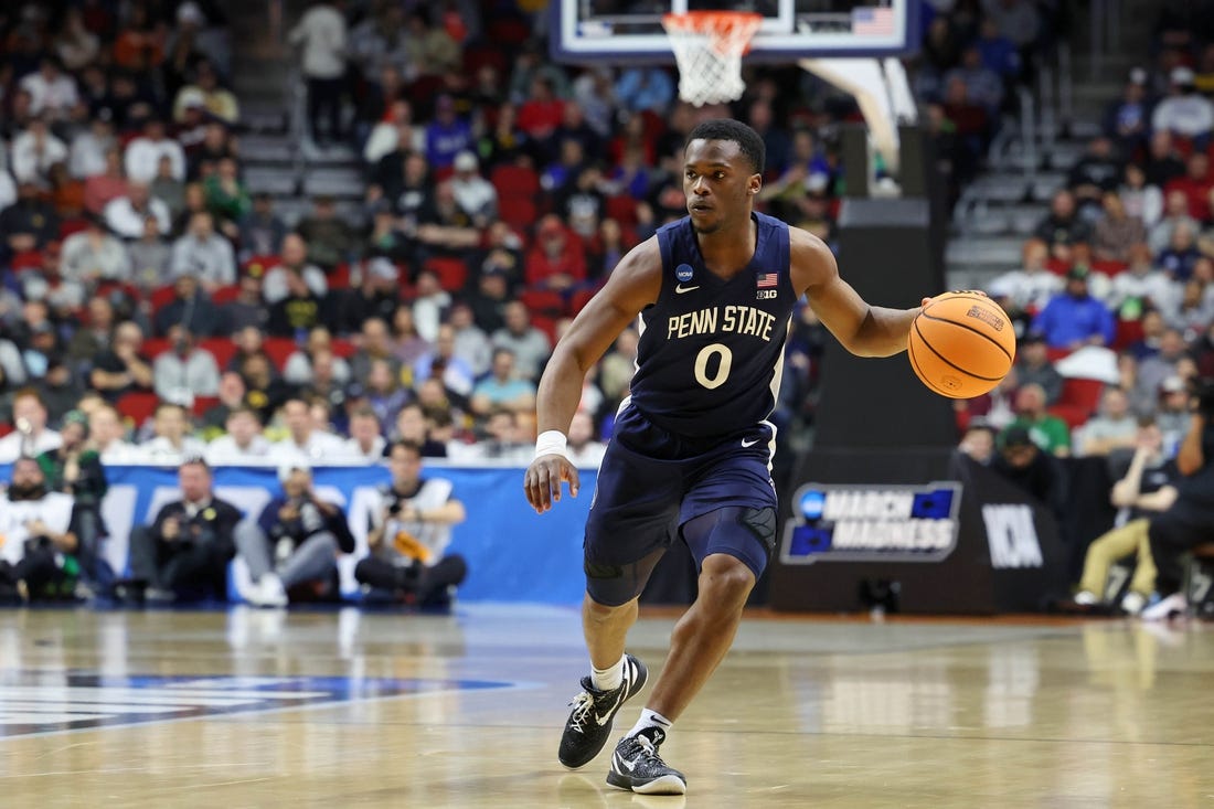 Mar 16, 2023; Des Moines, IA, USA; Penn State Nittany Lions guard Kanye Clary (0) dribbles the ball against the Texas A&M Aggies during the first half at Wells Fargo Arena. Mandatory Credit: Reese Strickland-USA TODAY Sports