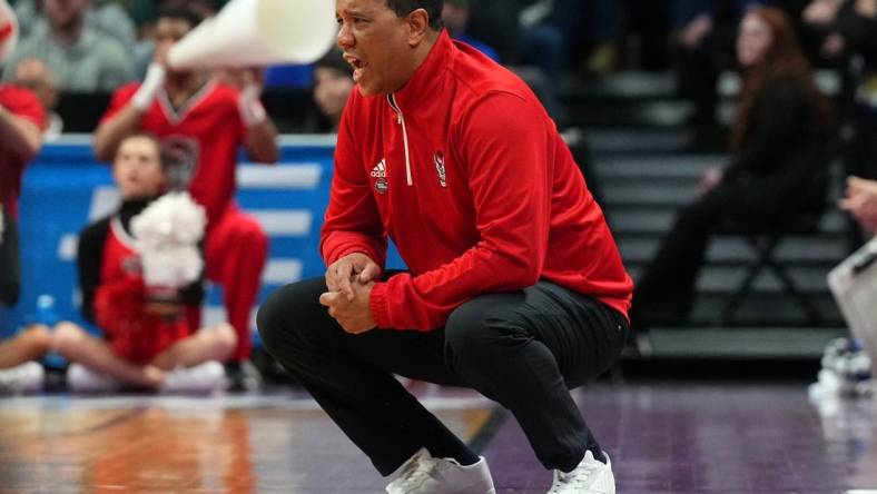 Mar 17, 2023; Denver, CO, USA;  North Carolina State Wolfpack head coach Kevin Keatts reacts to a play during the second half against Creighton Bluejays in the first round of the 2023 NCAA men   s basketball tournament at Ball Arena. Mandatory Credit: Ron Chenoy-USA TODAY Sports