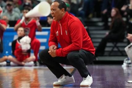 Mar 17, 2023; Denver, CO, USA;  North Carolina State Wolfpack head coach Kevin Keatts reacts to a play during the second half against Creighton Bluejays in the first round of the 2023 NCAA men   s basketball tournament at Ball Arena. Mandatory Credit: Ron Chenoy-USA TODAY Sports