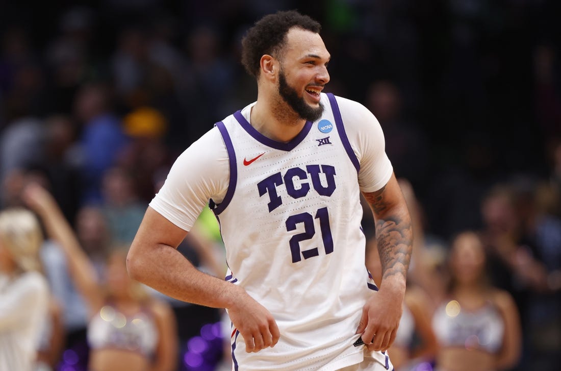 Mar 17, 2023; Denver, CO, USA; TCU Horned Frogs forward JaKobe Coles (21) reacts after defeating the Arizona State Sun Devils in the first round of the NCAA tournament at Ball Arena. Mandatory Credit: Michael Ciaglo-USA TODAY Sports