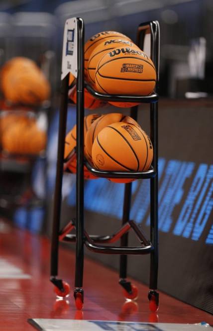 Mar 18, 2023; Orlando, FL, USA;  General view of basketballs on a rack before the second round of the 2023 NCAA Tournament between the f and s at Amway Center. Mandatory Credit: Russell Lansford-USA TODAY Sports