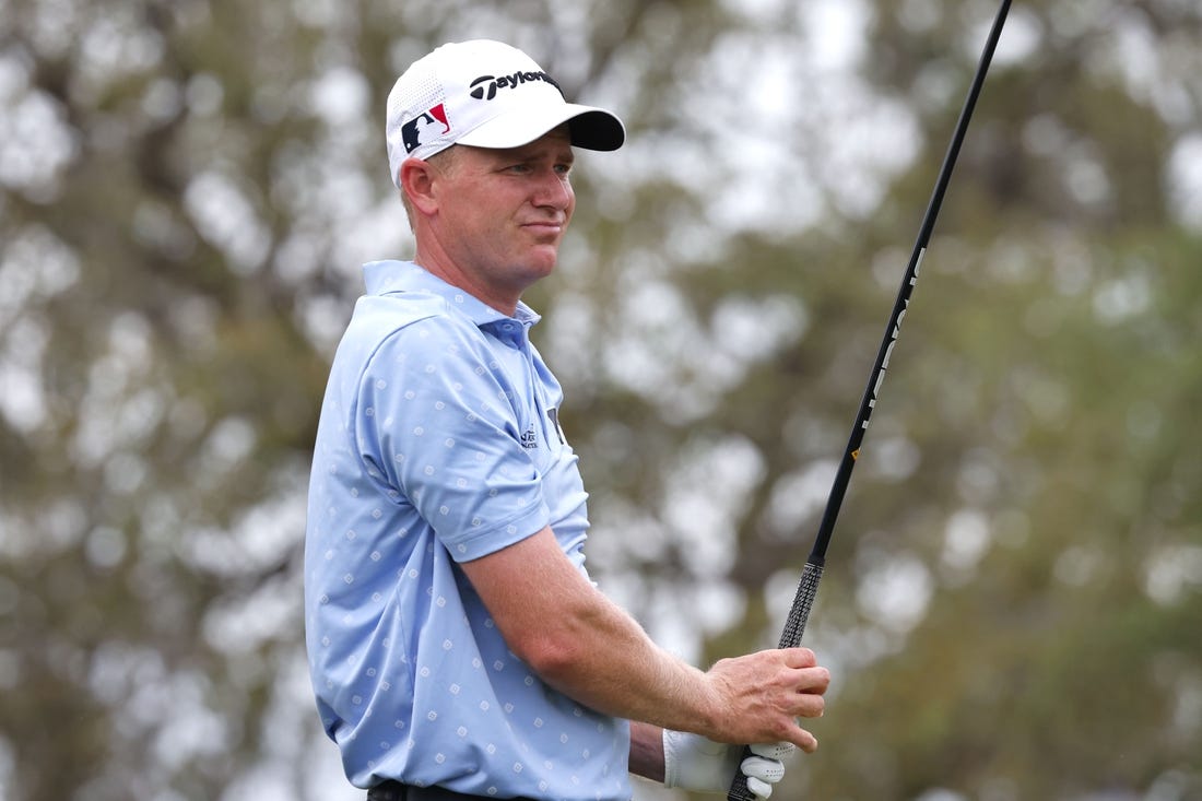 Mar 18, 2023; Palm Harbor, Florida, USA;  Adam Long plays his shot from the first tee during the third round of the Valspar Championship golf tournament. Mandatory Credit: Reinhold Matay-USA TODAY Sports