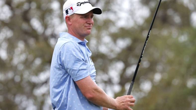 Mar 18, 2023; Palm Harbor, Florida, USA;  Adam Long plays his shot from the first tee during the third round of the Valspar Championship golf tournament. Mandatory Credit: Reinhold Matay-USA TODAY Sports