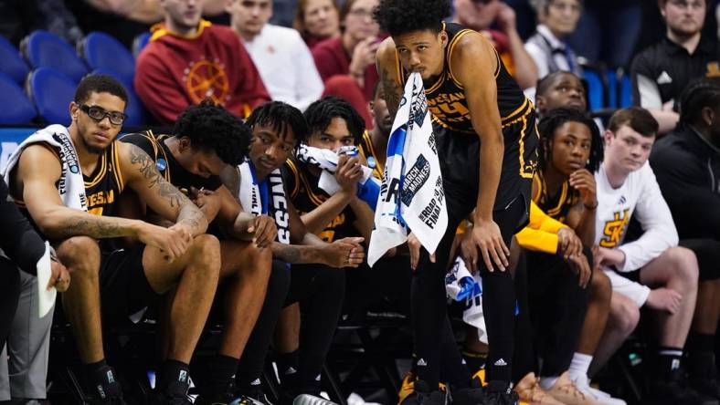 Kennesaw State Owls guard Quincy Ademokoya (24), Kennesaw State Owls forward Alex Peterson (10) and the the Kennesaw State Owls bench react to the losing scoreline in the second half of a first-round college basketball game against the Xavier Musketeers in the NCAA Tournament, Friday, March 17, 2023, at Greensboro Coliseum in Greensboro, N.C. The Xavier Musketeers won, 72-67.

Ncaa Xavier Kennesaw State Basketball March 17 0013