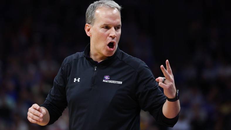 Mar 18, 2023; Sacramento, CA, USA; Northwestern Wildcats head coach Chris Collins gives directions during the first half against the UCLA Bruins at Golden 1 Center. Mandatory Credit: Kelley L Cox-USA TODAY Sports