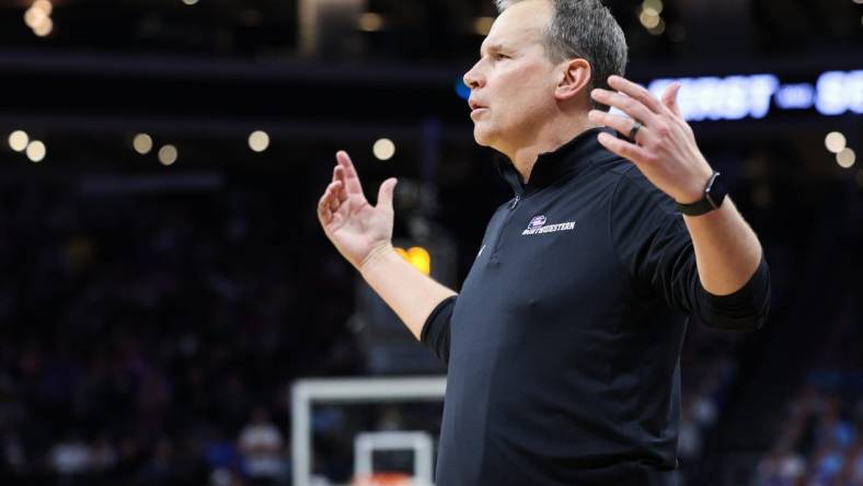 Mar 18, 2023; Sacramento, CA, USA; Northwestern Wildcats head coach Chris Collins reacts during the second half against the UCLA Bruins at Golden 1 Center. Mandatory Credit: Kelley L Cox-USA TODAY Sports