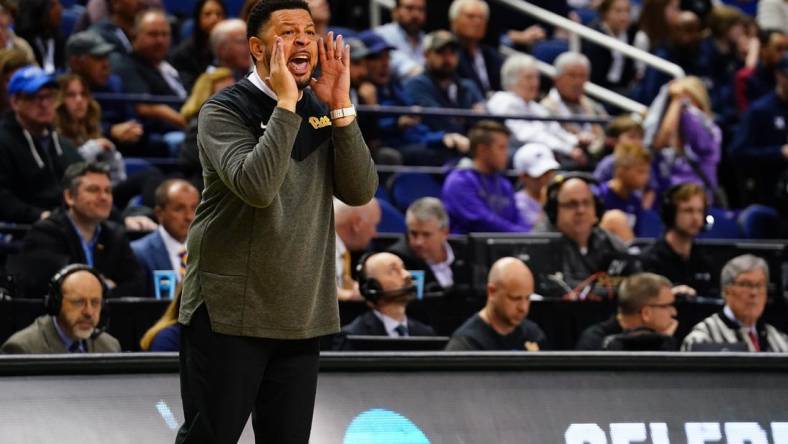 Mar 19, 2023; Greensboro, NC, USA; Pittsburgh Panthers head coach Jeff Capel reacts to a play during the first half against the Xavier Musketeers in the second round of the 2023 NCAA men   s basketball tournament at Greensboro Coliseum. Mandatory Credit: John David Mercer-USA TODAY Sports