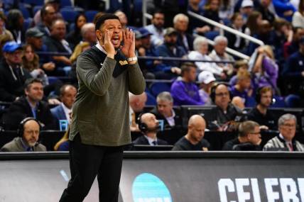 Mar 19, 2023; Greensboro, NC, USA; Pittsburgh Panthers head coach Jeff Capel reacts to a play during the first half against the Xavier Musketeers in the second round of the 2023 NCAA men   s basketball tournament at Greensboro Coliseum. Mandatory Credit: John David Mercer-USA TODAY Sports
