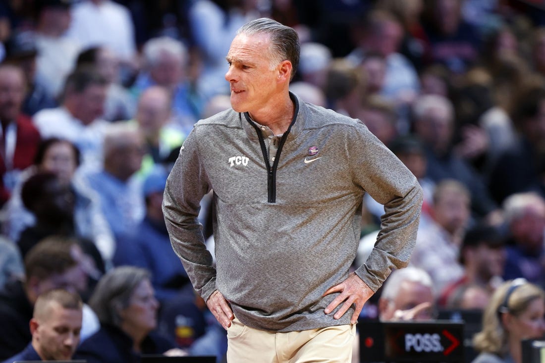 Mar 19, 2023; Denver, CO, USA; TCU Horned Frogs head coach Jamie Dixon reacts in the first half against the Gonzaga Bulldogs at Ball Arena. Mandatory Credit: Michael Ciaglo-USA TODAY Sports