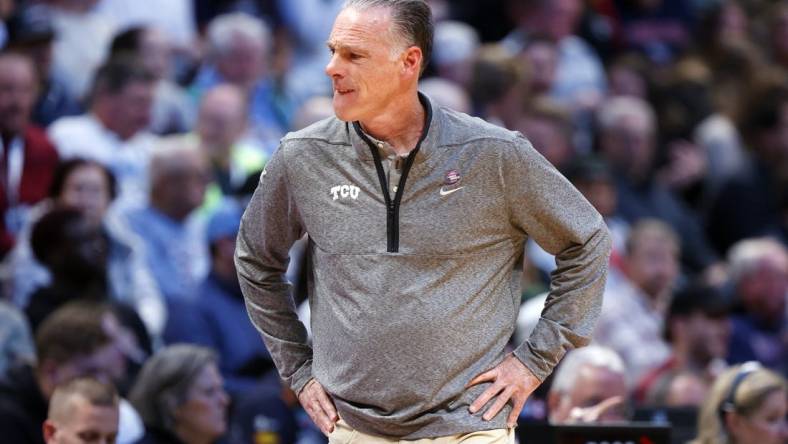 Mar 19, 2023; Denver, CO, USA; TCU Horned Frogs head coach Jamie Dixon reacts in the first half against the Gonzaga Bulldogs at Ball Arena. Mandatory Credit: Michael Ciaglo-USA TODAY Sports