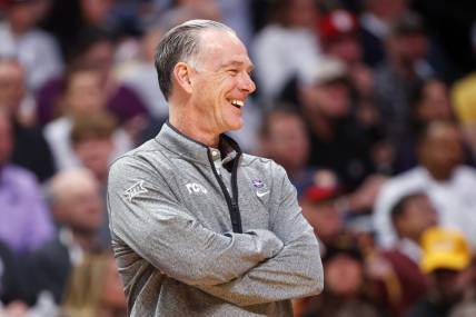 Mar 19, 2023; Denver, CO, USA; TCU Horned Frogs head coach Jamie Dixon smiles in the first half against the Gonzaga Bulldogs at Ball Arena. Mandatory Credit: Michael Ciaglo-USA TODAY Sports