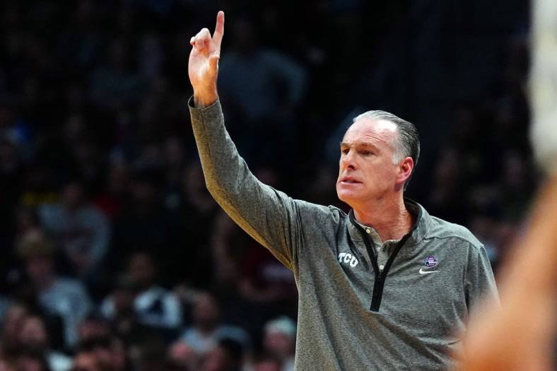 Mar 19, 2023; Denver, CO, USA; TCU Horned Frogs head coach Jamie Dixon reacts in the first half against the Gonzaga Bulldogs at Ball Arena. Mandatory Credit: Ron Chenoy-USA TODAY Sports