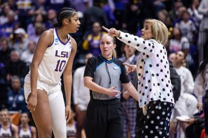 LSU Lady Tigers head coach Kim Mulkey said not playing All-American Angel Reese (10) in the second half Tuesday afternoon was a coach's decision. Mandatory Credit: Stephen Lew-USA TODAY Sports