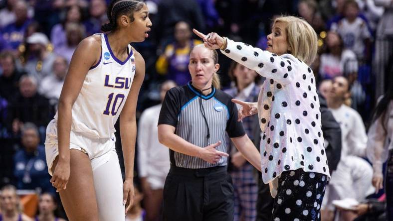 LSU Lady Tigers head coach Kim Mulkey said not playing All-American Angel Reese (10) in the second half Tuesday afternoon was a coach's decision. Mandatory Credit: Stephen Lew-USA TODAY Sports