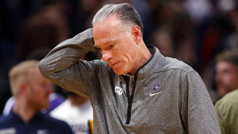 Mar 19, 2023; Denver, CO, USA; TCU Horned Frogs head coach Jamie Dixon reacts after the loss against the Gonzaga Bulldogs at Ball Arena. Mandatory Credit: Michael Ciaglo-USA TODAY Sports