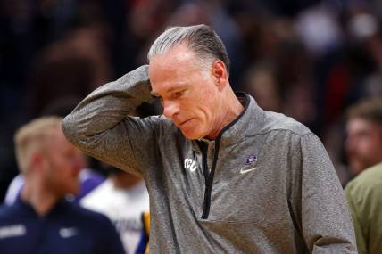 Mar 19, 2023; Denver, CO, USA; TCU Horned Frogs head coach Jamie Dixon reacts after the loss against the Gonzaga Bulldogs at Ball Arena. Mandatory Credit: Michael Ciaglo-USA TODAY Sports