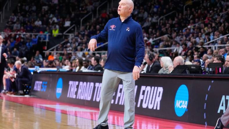 Mar 19, 2023; Albany, NY, USA; Saint Mary's Gaels head coach Randy Bennett looks on from the sidelines during the first half against the Connecticut Huskies at MVP Arena. Mandatory Credit: Gregory Fisher-USA TODAY Sports