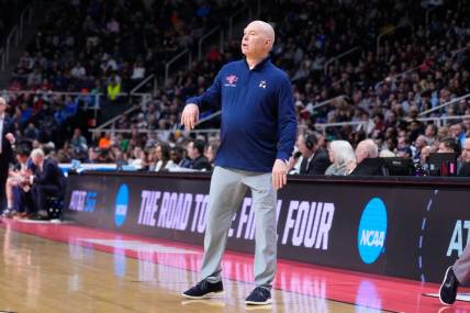 Mar 19, 2023; Albany, NY, USA; Saint Mary's Gaels head coach Randy Bennett looks on from the sidelines during the first half against the Connecticut Huskies at MVP Arena. Mandatory Credit: Gregory Fisher-USA TODAY Sports