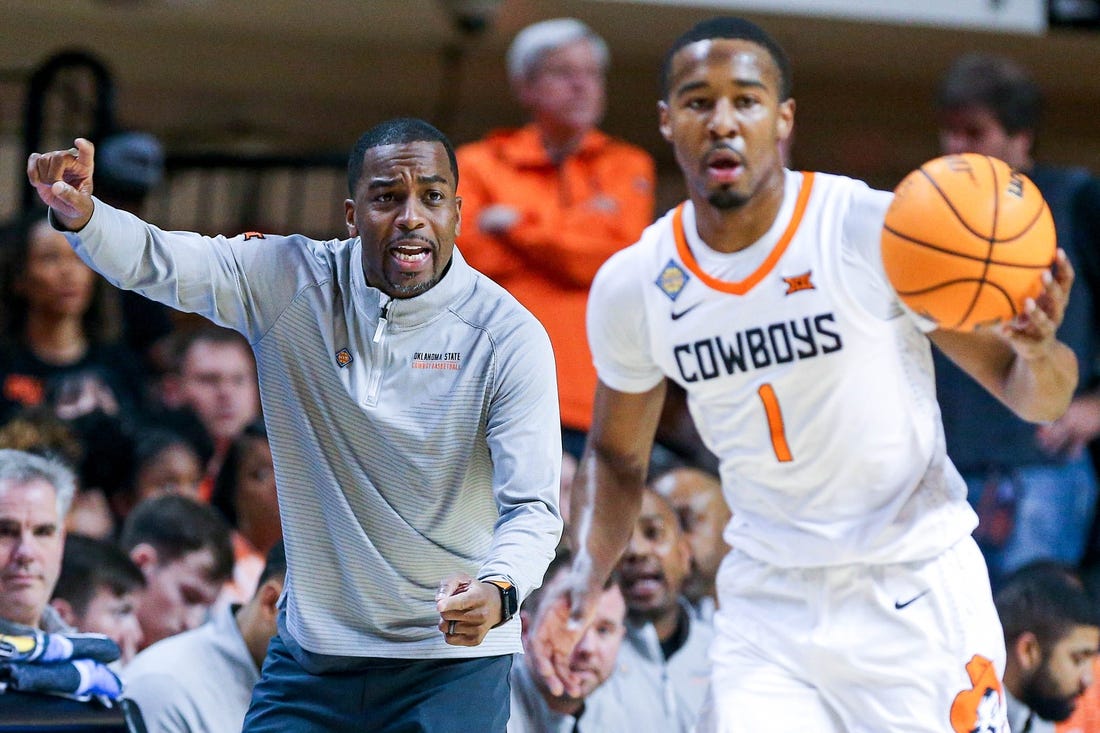 Oklahoma State head coach Mike Boynton Jr. yells to players in the first half during a college basketball game in the quarterfinals of the National Invitational Tournament between the Oklahoma State Cowboys (OSU) and the North Texas Mean Green at Gallagher-Iba Arena in Stillwater, Okla., Tuesday, March 21, 2023.

Osu Vs Nt