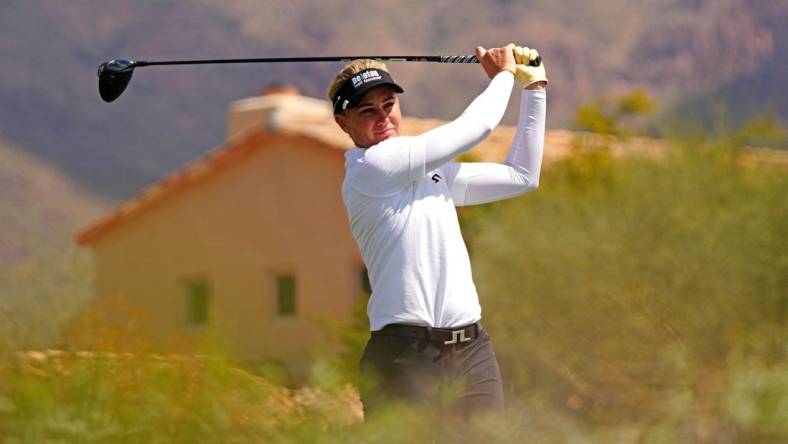 March 24, 2023; Gold Canyon AZ; USA; Emily Kristine Pedersen tees off during the second round of the LPGA Drive On Championship at Superstition Mountain Golf & Country Club.   Mandatory Credit: Patrick Breen-USA TODAY NETWORK