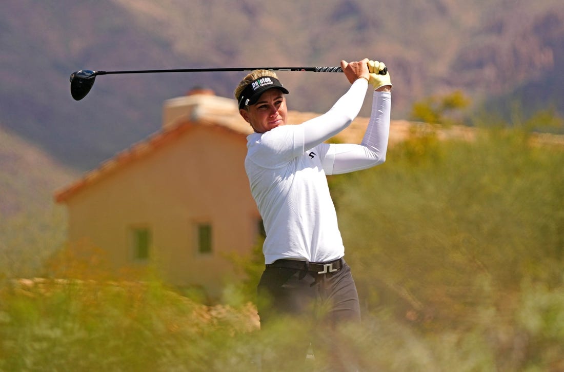 March 24, 2023; Gold Canyon AZ; USA; Emily Kristine Pedersen tees off during the second round of the LPGA Drive On Championship at Superstition Mountain Golf & Country Club.   Mandatory Credit: Patrick Breen-USA TODAY NETWORK