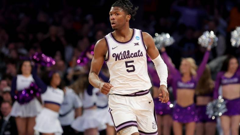 Mar 23, 2023; New York, NY, USA; Kansas State Wildcats guard Cam Carter (5) reacts during the second half against the Michigan State Spartans at Madison Square Garden. Mandatory Credit: Brad Penner-USA TODAY Sports