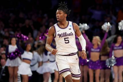 Mar 23, 2023; New York, NY, USA; Kansas State Wildcats guard Cam Carter (5) reacts during the second half against the Michigan State Spartans at Madison Square Garden. Mandatory Credit: Brad Penner-USA TODAY Sports