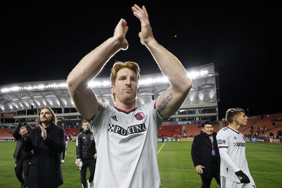 Mar 25, 2023; Sandy, Utah, USA; St. Louis City defender Tim Parker (26) celebrates their win against the Real Salt Lake at America First Field. Mandatory Credit: Jeffrey Swinger-USA TODAY Sports