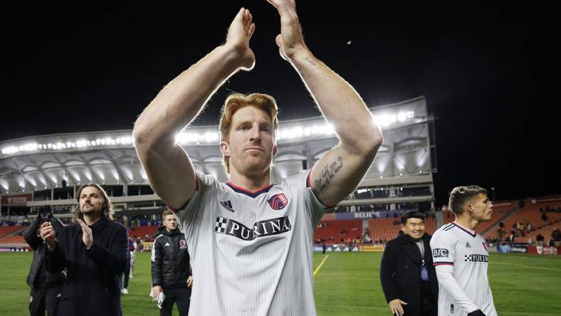 Mar 25, 2023; Sandy, Utah, USA; St. Louis City defender Tim Parker (26) celebrates their win against the Real Salt Lake at America First Field. Mandatory Credit: Jeffrey Swinger-USA TODAY Sports