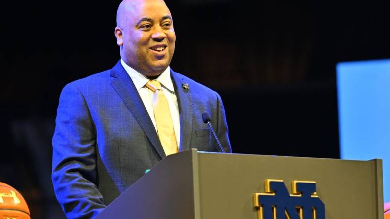 Mar 30, 2023; Notre Dame, IN, USA; Notre Dame Fighting Irish Head Men   s Basketball Coach Micah Shrewsberry speaks during his introductory press conference at the Purcell Pavilion. Mandatory Credit: Matt Cashore-USA TODAY Sports