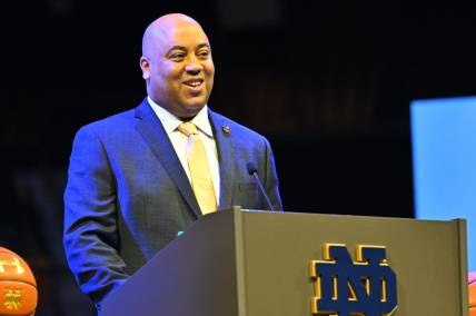 Mar 30, 2023; Notre Dame, IN, USA; Notre Dame Fighting Irish Head Men   s Basketball Coach Micah Shrewsberry speaks during his introductory press conference at the Purcell Pavilion. Mandatory Credit: Matt Cashore-USA TODAY Sports