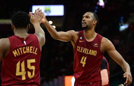 Apr 2, 2023; Cleveland, Ohio, USA; Cleveland Cavaliers forward Evan Mobley (4) celebrates with guard Donovan Mitchell (45) during the second half against the Indiana Pacers at Rocket Mortgage FieldHouse. Mandatory Credit: Ken Blaze-USA TODAY Sports