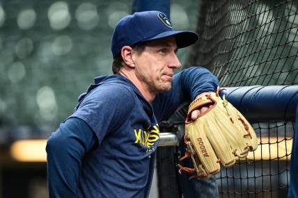 Apr 3, 2023; Milwaukee, Wisconsin, USA; Milwaukee Brewers manager Craig Counsell watches batting practice before game against the New York Mets at American Family Field. Mandatory Credit: Benny Sieu-USA TODAY Sports