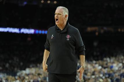 Apr 3, 2023; Houston, TX, USA; San Diego State Aztecs head coach Brian Dutcher reacts after a play against the Connecticut Huskies during the first half in the national championship game of the 2023 NCAA Tournament at NRG Stadium. Mandatory Credit: Bob Donnan-USA TODAY Sports