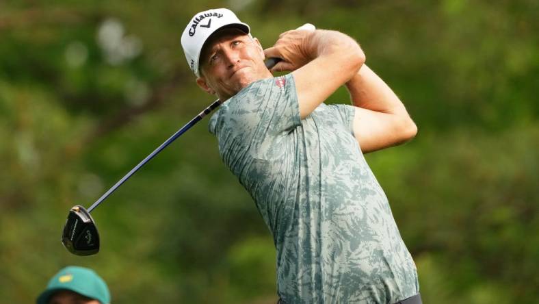 Apr 6, 2023; Augusta, Georgia, USA; Alex Noren tees off on the fifth hole during the first round of The Masters golf tournament. Mandatory Credit: Kyle Terada-USA TODAY Network