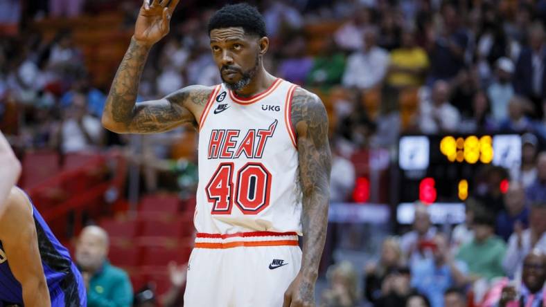 Apr 9, 2023; Miami, Florida, USA; Miami Heat forward Udonis Haslem (40) reacts after entering the game during the first quarter against the Orlando Magic at Kaseya Center. Mandatory Credit: Sam Navarro-USA TODAY Sports