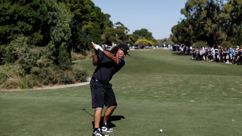 Apr 23, 2023; Adelaide, South Australia, AUS; Pat Perez of Team Aces hits a shot during the final round of LIV Golf Adelaide golf tournament at Grange Golf Club. Mandatory Credit: Mike Frey-USA TODAY Sports