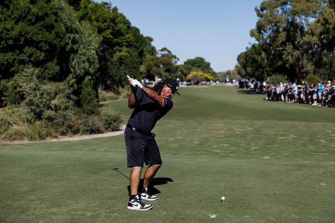 Apr 23, 2023; Adelaide, South Australia, AUS; Pat Perez of Team Aces hits a shot during the final round of LIV Golf Adelaide golf tournament at Grange Golf Club. Mandatory Credit: Mike Frey-USA TODAY Sports