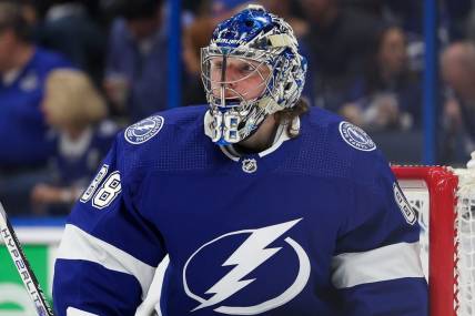 Apr 29, 2023; Tampa, Florida, USA; Tampa Bay Lightning goaltender Andrei Vasilevskiy (88) looks on against the Toronto Maple Leafs in the second period during game six of the first round of the 2023 Stanley Cup Playoffs at Amalie Arena. Mandatory Credit: Nathan Ray Seebeck-USA TODAY Sports